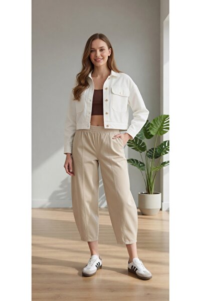 Moudry Clothing Kadın Bej/Taş Pantolon Gabardin Rahat Şalvar Pantolon