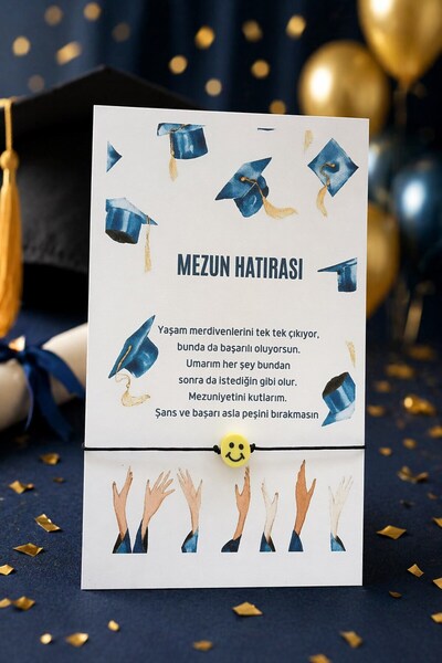 Emtory Home Mezun Hatırası | 10 Adet Kuşe Kartlı Emoji Bileklik - Okul Hediye...
