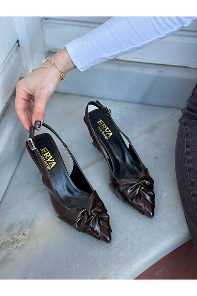 ERVANIN BUTİĞİ Kahve Kırışık Deri (Bow) Fiyonk Detay Kadın Stiletto