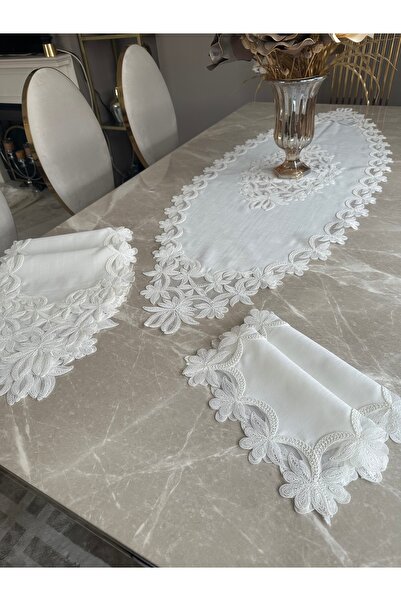 Annalisa Flowers 5 τεμαχίων Σετ σαλονιού από λινό γαλλικό δαντελωτό ύφασμα χω...