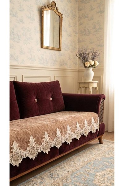 DAHABELLA LUXE HOME Luxury Seersucker Velvet French Laced Sofa Cover (Living Area Only) Non-Slip Base 85X210