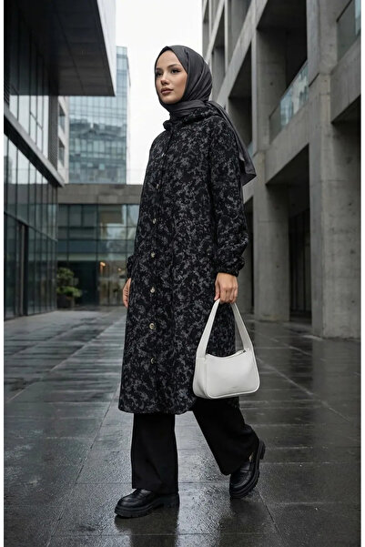 sefamerve Παλτό από κασμίρ με κουκούλα και σχέδιο 0187A-01 Μαύρο Μπεζ