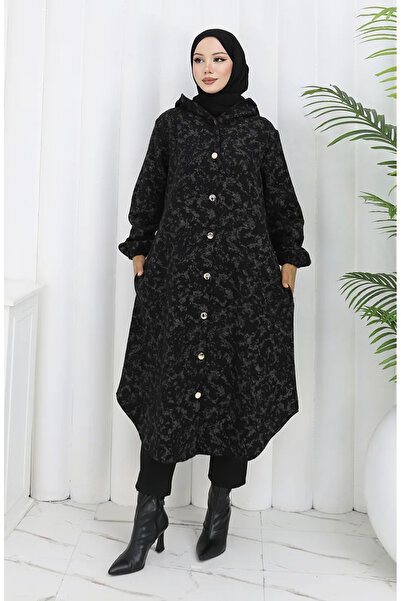 sefamerve Παλτό από κασμίρ με κουκούλα και σχέδιο 0187A-01 Μαύρο Μπεζ