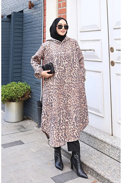 sefamerve Καπέλο με με κουκούλα κουμπιά με λεοπάρ στάμπα 0226-03 Milk coffee ...