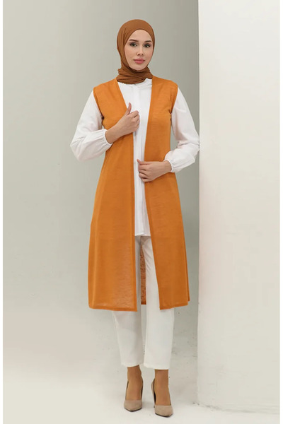 sefamerve Μουσταρδί Χρώμα Απλό Μακρύ Γιλέκο - 8680-02