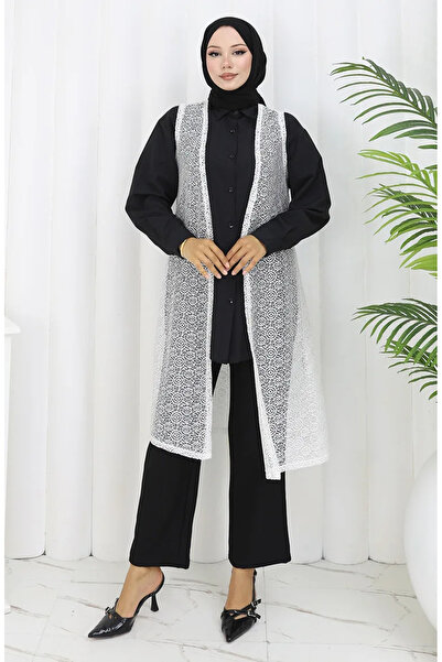 sefamerve Δαντελένιο γιλέκο με λεπτή εφαρμογή 8760-03 Λευκό