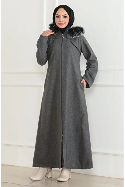 sefamerve Antracitový chlupatý kabát s kapucí 2058-05