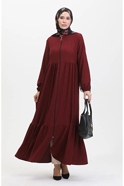 sefamerve Burümcük Fabric Gathered Zippered Ferace 1018-09 Claret Red