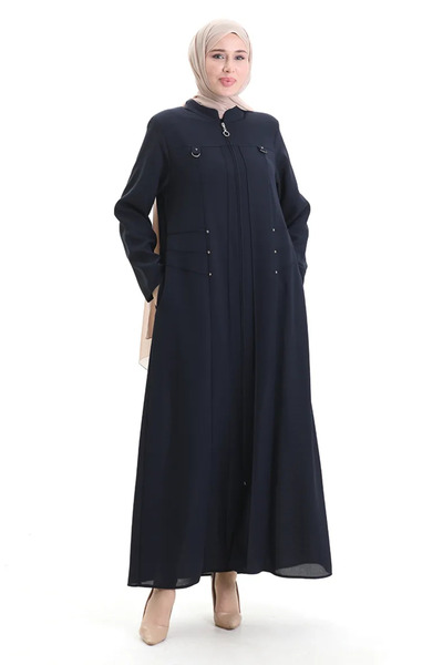 sefamerve Large Size Metal Bead Zippered Ferace 6148-02 Navy Blue