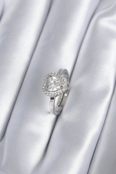 Skygo Brass silver color heart charm model women's ring with zircon stone - t...