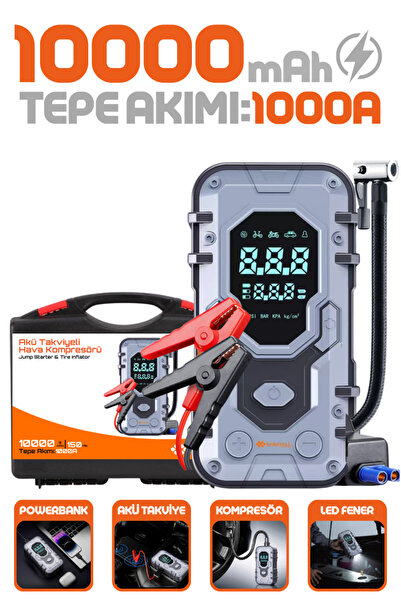 Enshall 10.000mAh Çantalı Akü Takviyeli 1000A Tepe Akımlı Araç Lastik Şişirme...