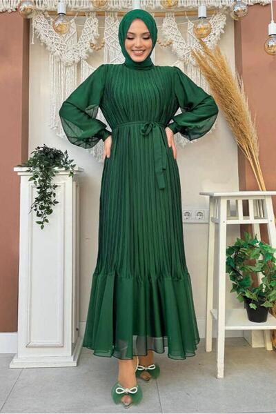 TRENDTESETTÜR KADIN YEŞİL (ZÜMRÜT) KUŞAKLI PİLİSELİ ELBİSE T 4973