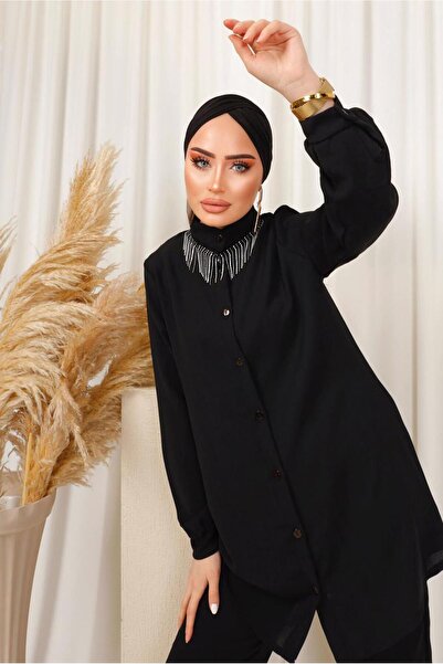 TRENDTESETTÜR KADIN SİYAH YAKASI TAŞ ZİNCİR DETAYLI PANTOLONLU TAKIM T 1503