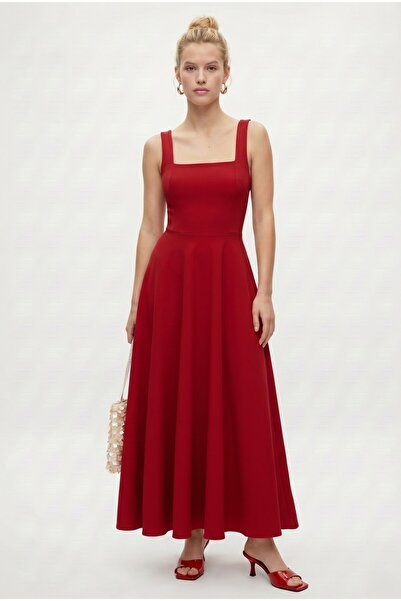 Ritnice Women's Füsun Back-Tie Square Neck Woven Long Red Dress