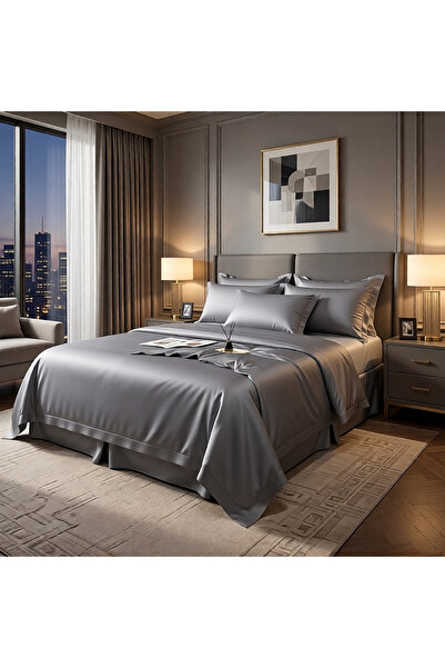 METİNEV Gray Cotton Satin Duvet Cover Set – Double – Soft Textured