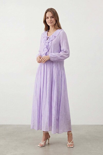 Soul Kadın Yaka Fırfır ve Bağcık Detaylı Fisto Elbise – 32487ELB - LILAC