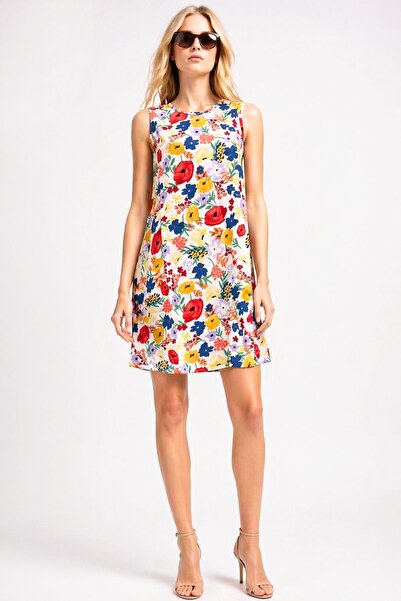 Cassime Γυναικείο καλοκαιρινό λινό φόρεμα χωρίς μανίκια με κόκκινο και κίτριν...