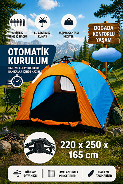 Realx 6 Kişilik Tam Otomatik Kurulum Kamp Çadırı 250 X 220 X 165 Cm Ce
