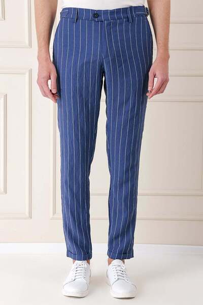Efor Comfort Fit Yandan Tokalı Çizgili Keten Casual İndigo Pantolon P 1151