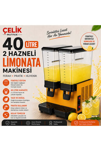 şerbetmatik 40 L (20+20) Çift Hazne Fıskiyeli Limonata Şerbet Soğutucu 220V S...