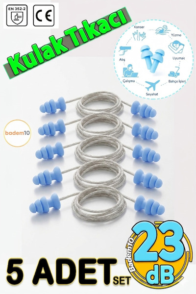 Badem10 🔇5’li Set İpli Kulak Tıkacı 23 dB Gürültü Azaltıcı Yıkanabilir Su Ge...