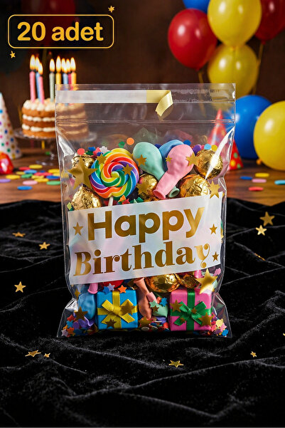 MixmioLife Happy Birthday Yazılı Şeffaf Parti Hediye Poşeti Gold Yıldızlı Doğ...