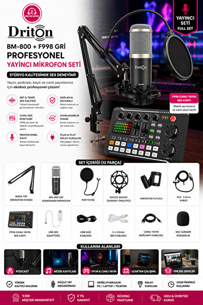 DRİTON BM-800 + F998 GRİ PODCAST TİKTOK YOUTUBE YAYINCI CONDENSER MİKROFON VE...