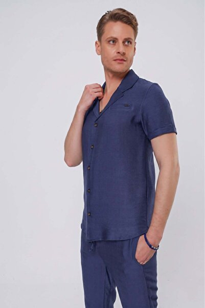 Efor Erkek Slim Fit Keten Karışımlı Rahat Kalıp Apaş Yaka Kısa Kollu İndigo M...