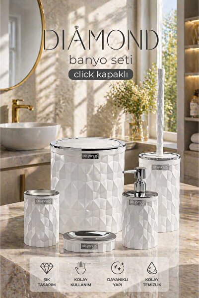 Okyanus Home Διαμαντένιο Λευκό Χρώμιο Κάλυμμα Κλικ Σετ Μπάνιου 5 τεμαχίων