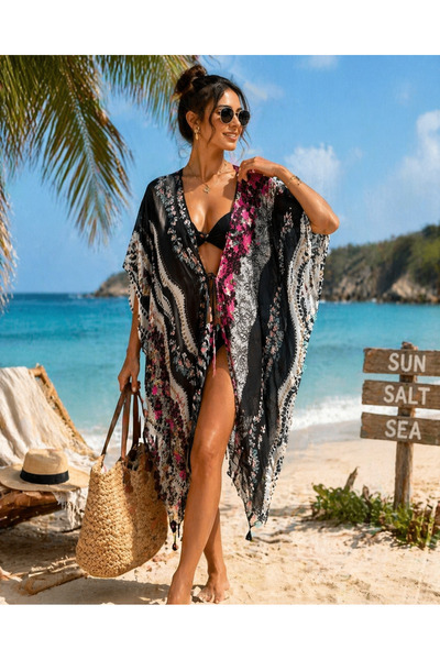 Saria Moda Pareo de damă din țesătură subțire de tul, cu șnur cu model