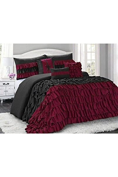 METİNEV Bordo Ve Siyah Fırfırlı Nevresim Takımı Cotton satin sheets