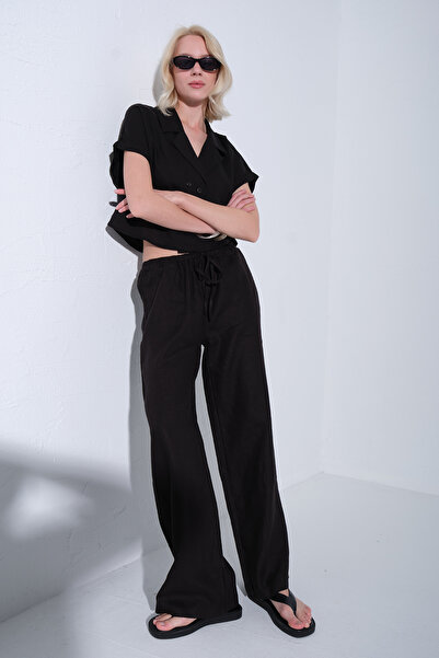 Maule 100% Λινό Άνετο Παντελόνι με Κορδόνια Υφαντό Γυναικείο Παντελόνι @Varuna