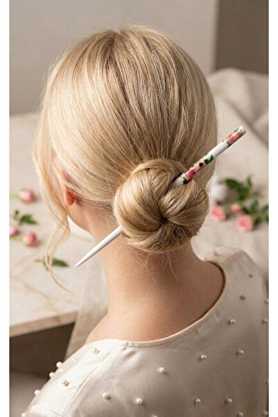 REBORN DESIGN Peony Patterned White Color 18 cm Wooden Knob Stick