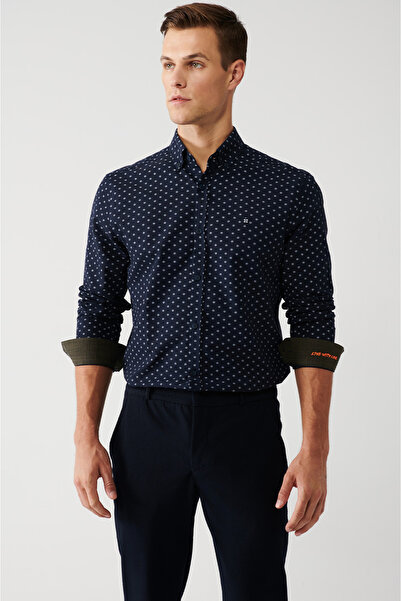 Avva Men's Navy Blue Buttoned Collar Patterned Embroidered Cotton Shirt A32Y2141