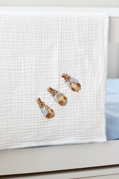 Petite Miracles Blue Rabbit Embroidered Muslin Baby Blanket - 90X90 cm