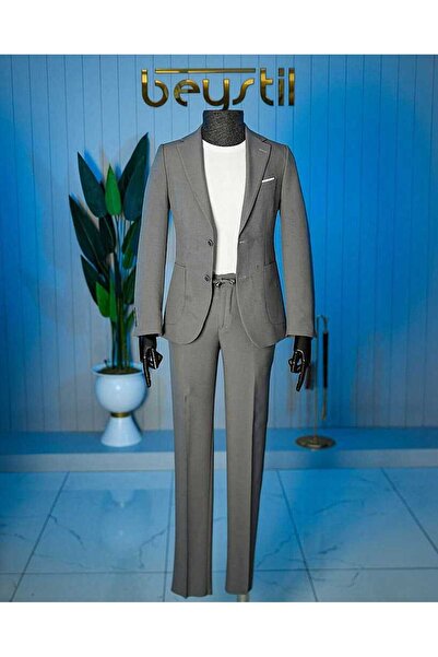 Beystil Sivri Yaka Gri Spor Casual Jogger Takım Gofre - Slim Fit