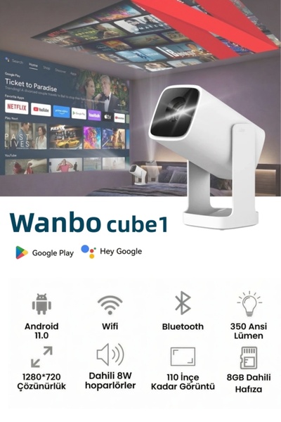 wanbo Cube 1 WiFi ve Bluetooth Özellikli Projektör, Google Sesli Kontrol