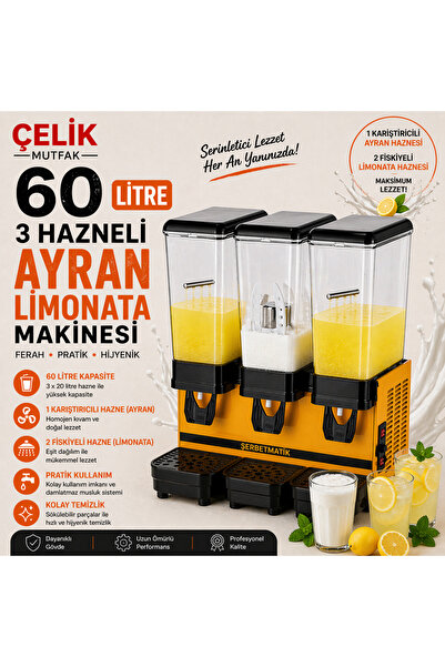 şerbetmatik 60 L (3'lü) 2 Fıskiye + 1 Karıştırıcı Limonata Ayran Makinesi 220...