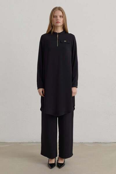 Nihan Zipper Detailed High Collar Basic Tunic Black