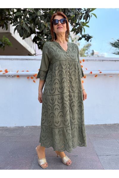 DenizEge Φόρεμα με όλα τα κουμπιά με κέντημα χακί