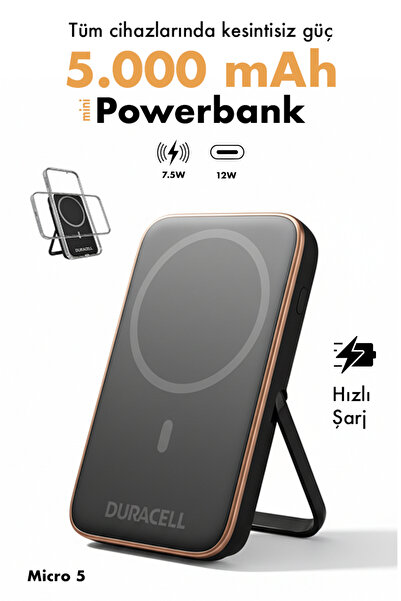 Duracell 5.000mAh Magsafe Wireless Powerbank 18W ( Stand Özellikli ) - Siyah
