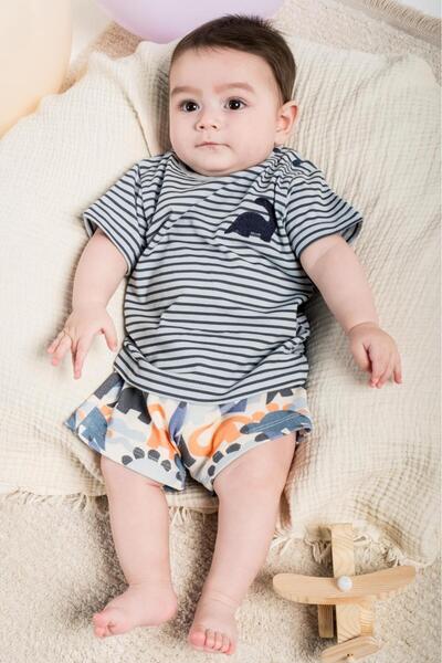 Baby Fou Dinosaur Embroidered Striped T-Shirt Shorts 2-Piece Set