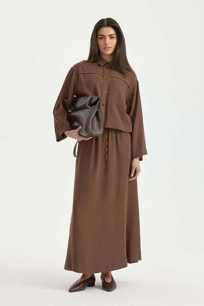 Nihan Aller Detailed Modal Skirt Shirt Set Brown