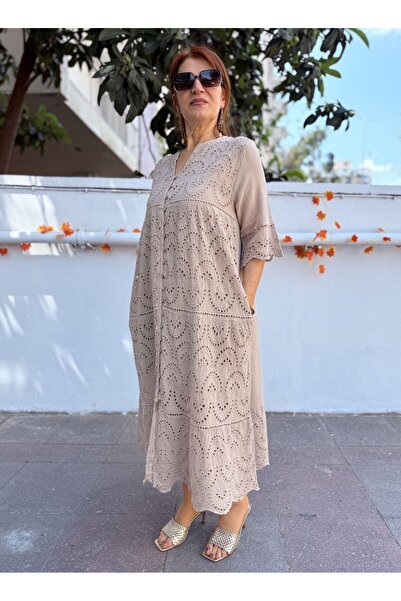 DenizEge Φόρεμα με όλα τα κουμπιά με κέντημα μπεζ