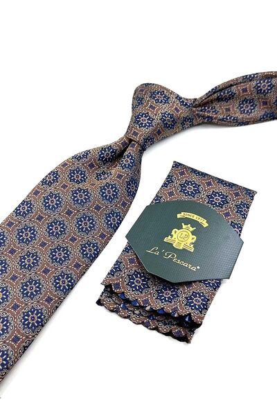Kravatkolik Orange Classic Necktie with Blue Motif Pattern - KK12673
