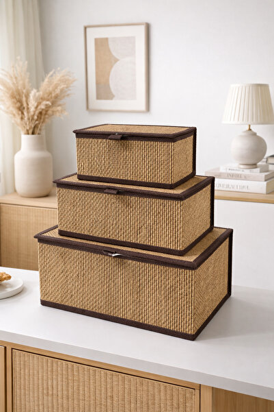 NEWNOW Σετ 3 τεμαχίων καλάθια από μπαμπού με καπάκια, σκούρο καφέ |   Διακοσμ...