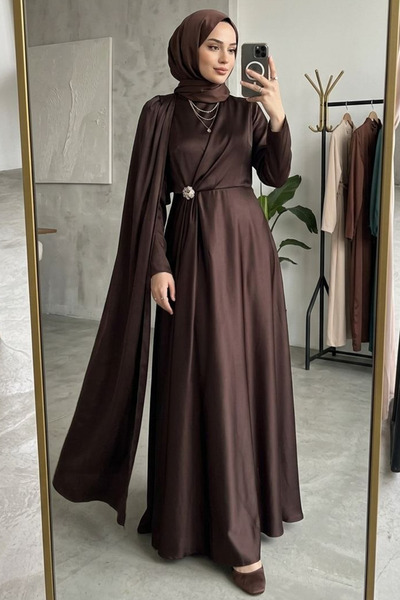 N.S NEVA STYLE Καφέ Σατέν Βραδινό Φόρεμα Τεσεττούρ με Λεπτομέρεια Κάπας 4884KH