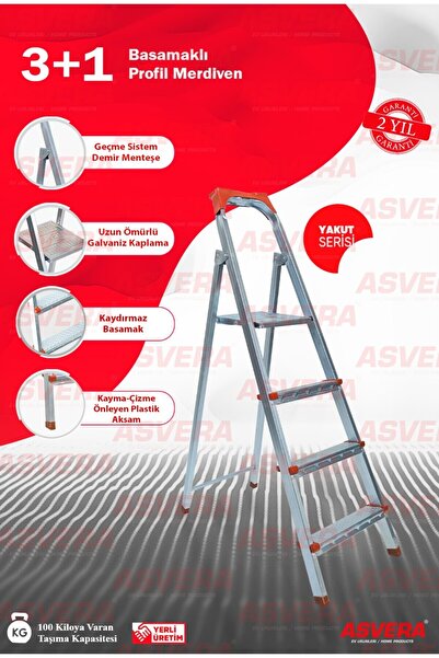 ASVERA Safir Serisi - 3+1 Basamaklı Galvanizli Profil Merdiven - Ev - Bahçe -...