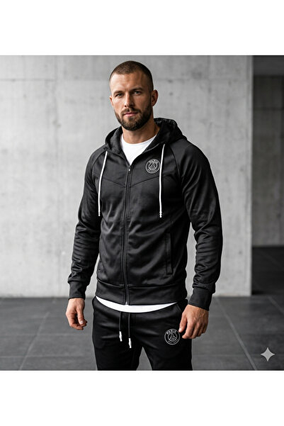 NOFLEN Μαύρο κουκούλα με στάμπα με φερμουάρ και παντελόνι με φερμουάρ