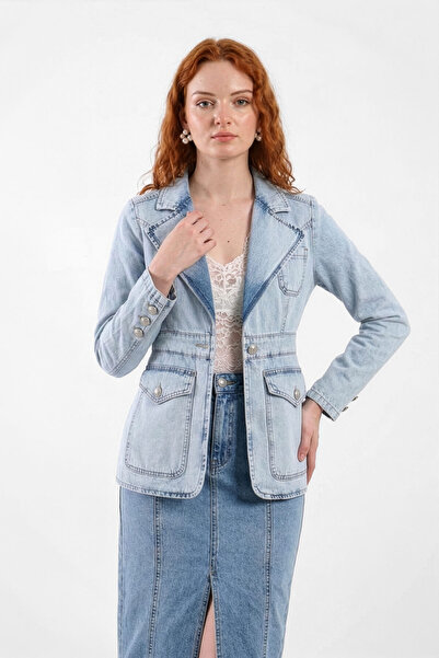 BANNY JEANS Γυναικείο μακρυμάνικο τζιν μπουφάν με ένα κουμπί γαλάζιο